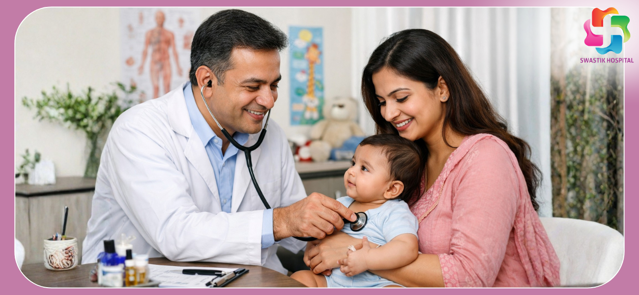 Best pediatrician in Gurugram examining a baby during a child health checkup at Swastik Hospital