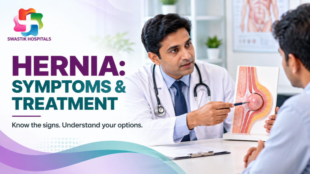 Doctor explaining hernia symptoms and treatment options at Swastik Hospitals in Gurugram