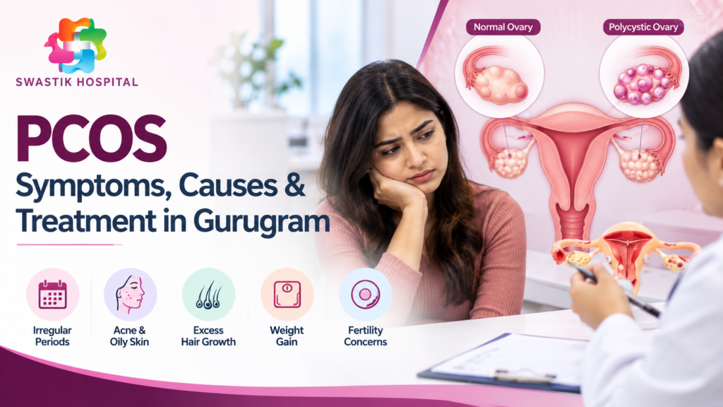 PCOS symptoms and treatment infographic showing irregular periods, acne, excess hair growth and fertility concerns at Swastik Hospital
